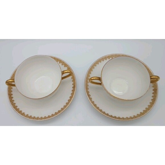 Tressemanes Voght Limoges Double Handle Tea Cups Saucer Set 8414 Gold T&V France - Picture 2 of 8